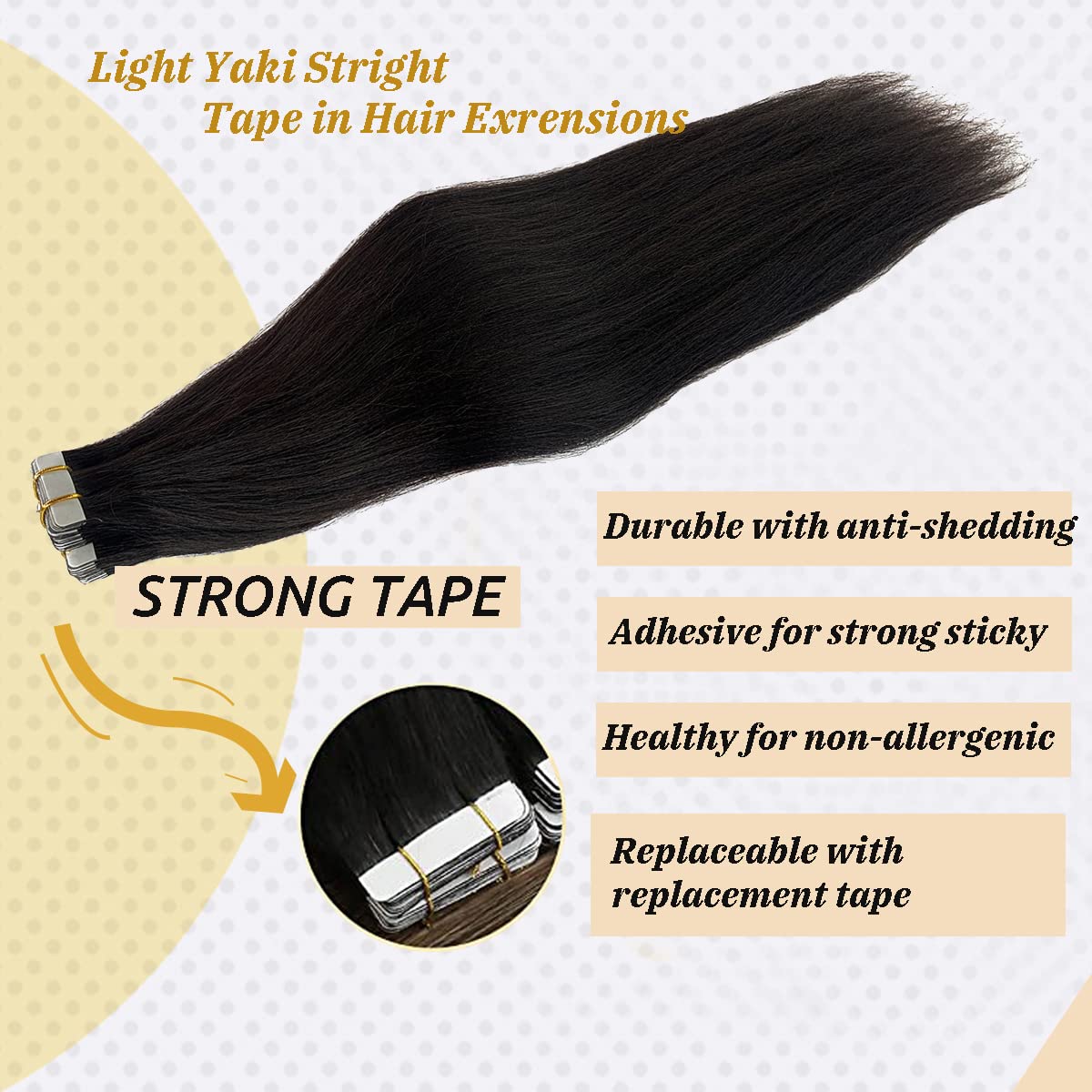 20 Inch Yaki Tape in Hair Extensions - 50g 20pcs Human Remy Hair for Black Women | Seamless Skin Weft, Yaki Straight, Natural Black Color | Perfect for Daily Wear, Styling, and Special Occasions