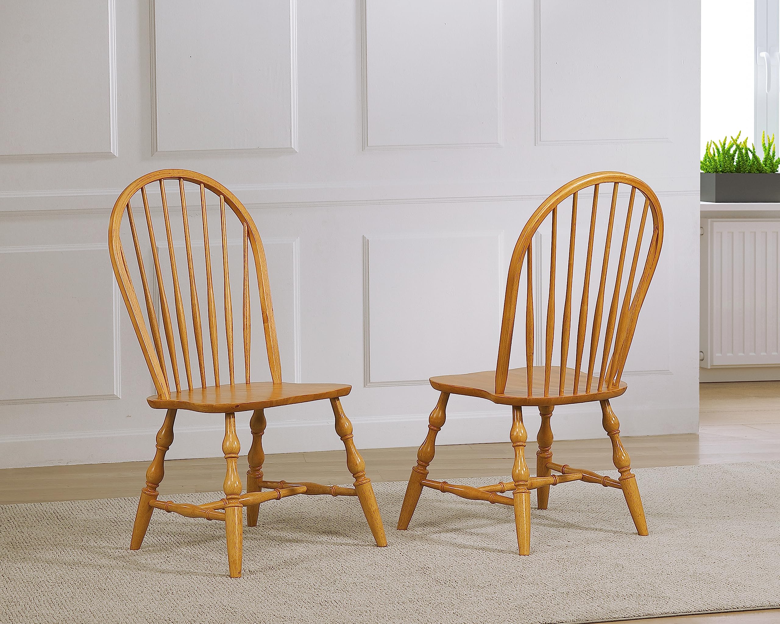 Sunset Trading Windsor Fully Assembled Kitchen Dining Chairs - Set of 2, Distressed Light Oak Finish - Perfect for Farmhouse Dining Rooms & Breakfast Nooks