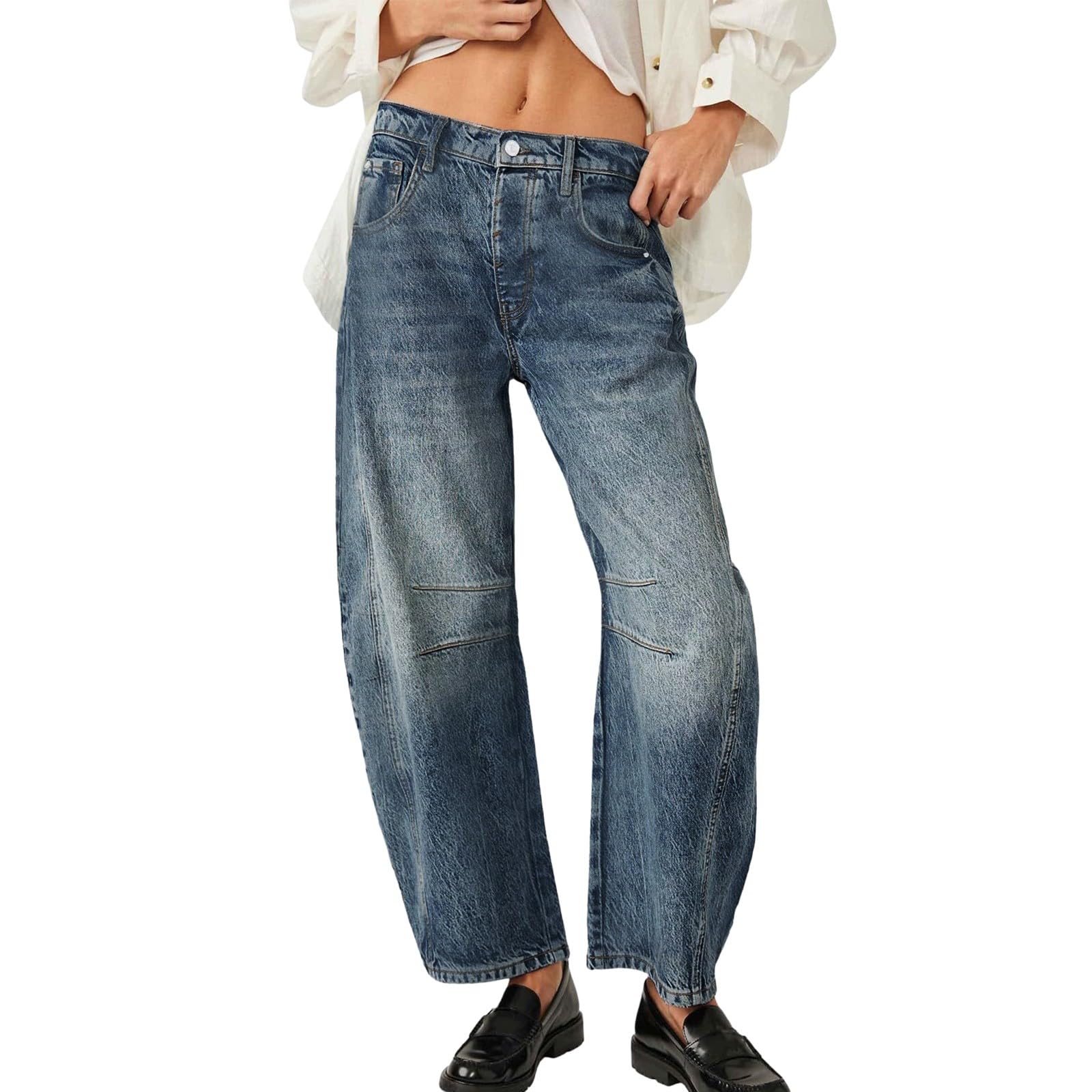 Women's Baggy Barrel Jeans - Cropped Loose Boyfriend Wide Leg Mid Rise Ankle Denim Pants with Pockets | Casual Streetwear, Vintage Style, Everyday Comfort