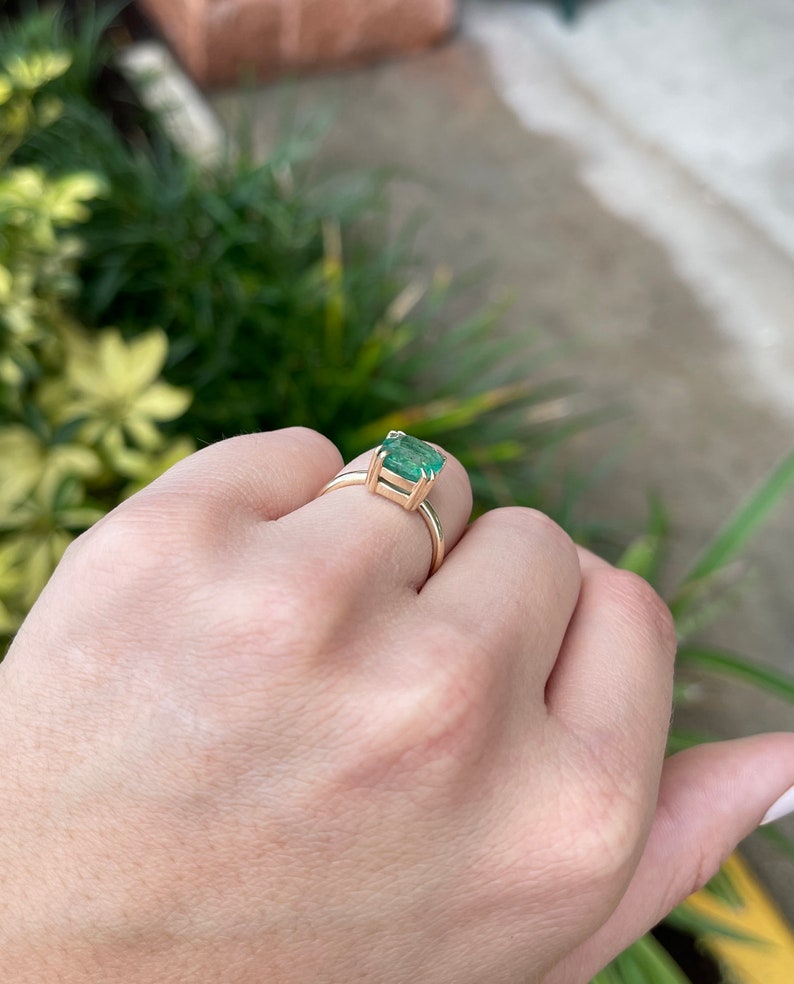 3.65ct 14K Gold Solitaire Engagement Ring with Medium Dark Green Cushion Cut Emerald - 4 Double Claw Prong Setting for Wedding, Proposal & Anniversary Gifts
