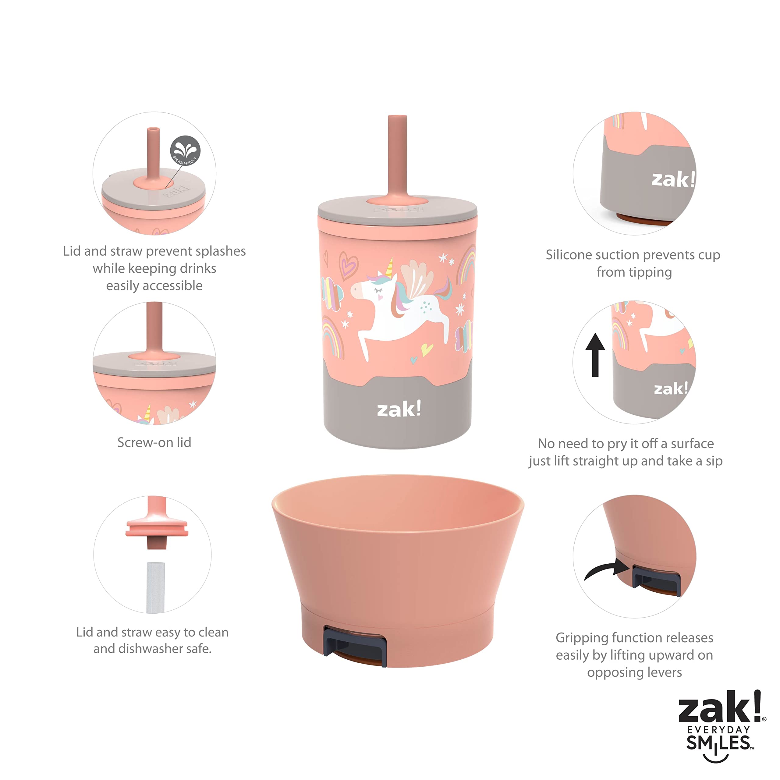Zak Designs Mighty Mug Kids Dinnerware Set - Spill-Proof Plastic Cup & Tip-Proof Bowl, BPA-Free & Durable (10oz, 2-Piece, Unicorn) - Perfect for Toddlers Mealtime, Daycare or Travel