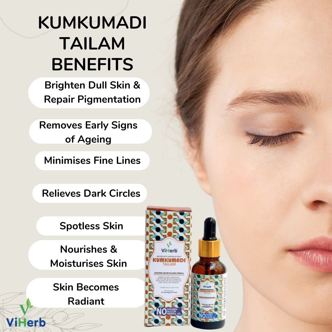 Viherb Kumkumadi Tailam Serum for Brightening & Glowing Skin | Reduces Wrinkles, Hyperpigmentation & Dark Circles | Anti-Aging Face Serum with Fine Line & Sun Damage Correction (30ml) | Perfect for Nighttime Skincare Routine & Daily Radiance Boost