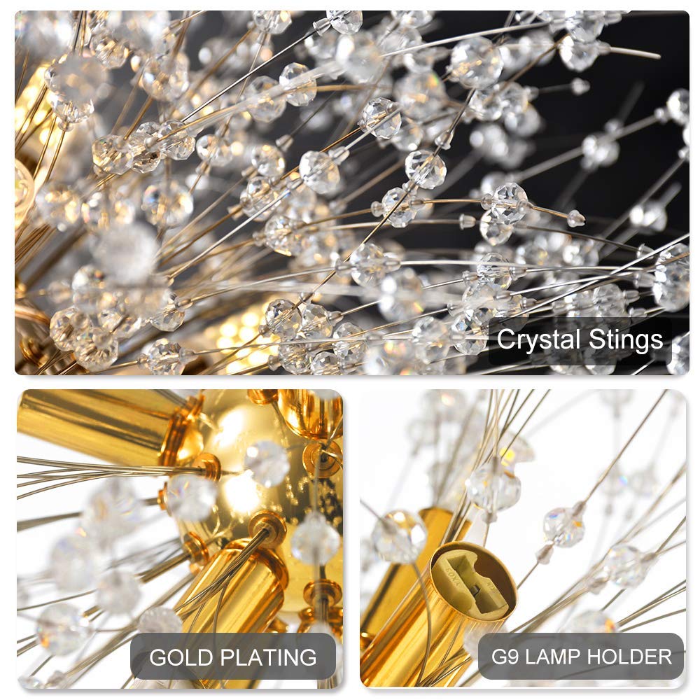Qamra Modern Gold Crystal Chandelier - Firework Dandelion Sputnik Pendant Light Fixture for Living Room, Dining Room, Bedroom, Kitchen (8-Light, Gold) | Elegant Ceiling Lighting for Home Decor, Wedding Venues & Luxury Hotels