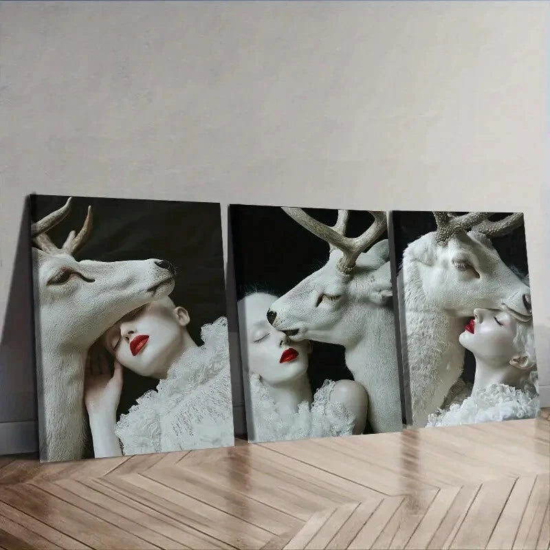 3-Piece White Deer Wall Art Set - Framed Canvas Prints 40x60cm - High Quality Australian Made Wall Decor for Girls Bedroom - Ready to Hang for Nursery, Kids Room & Home Decoration