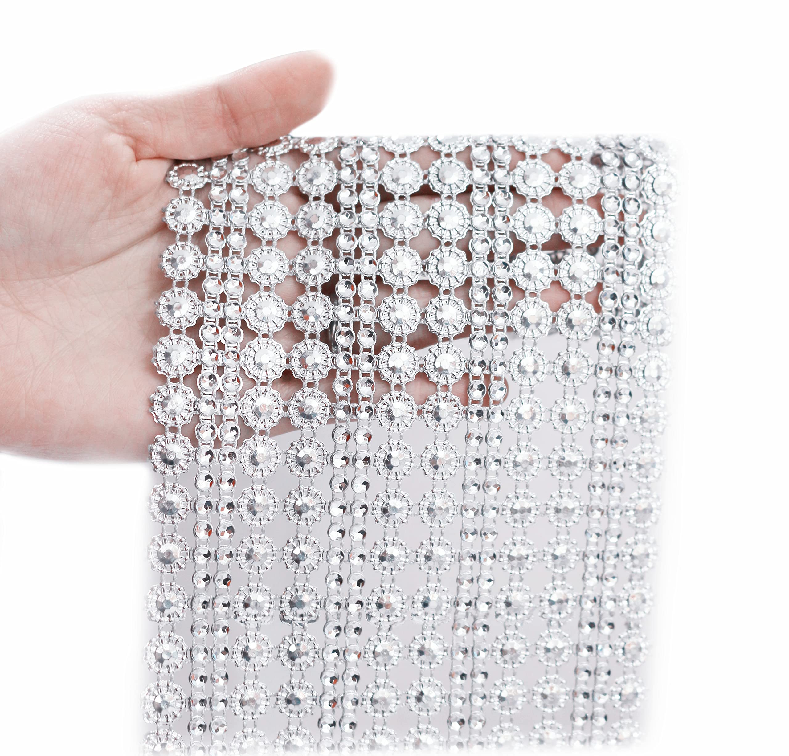 4.5 Inch x 2 Yards Sparkling Faux Crystal Rhinestone Mesh Ribbon - Flower Shaped Diamond Mesh Wrap Roll for Wedding Decorations, Birthday Parties, Baby Showers, Cake Decor & DIY Crafts | Perfect for Table Centerpieces, Gift Wrapping, and Costume Accessories