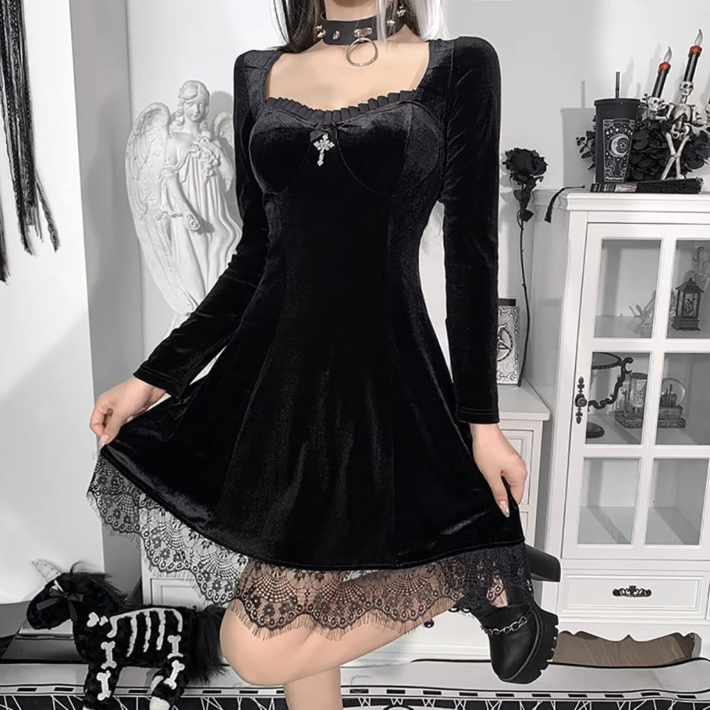 Kisswow Gothic Long Sleeve Dress for Women | Elegant Egirl Lolita Style | Perfect for Halloween, Cosplay & Dark Aesthetic Fashion