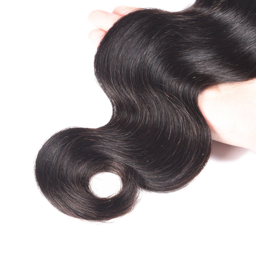 XCCOCO 3 Bundles Natural Black Body Wave Human Hair Weave with 4x4 Lace Closure - 100% Peruvian Virgin Remy Hair Extensions (10,10,12inch + 10inch Closure) for Styling, Weaving & Everyday Glam Looks