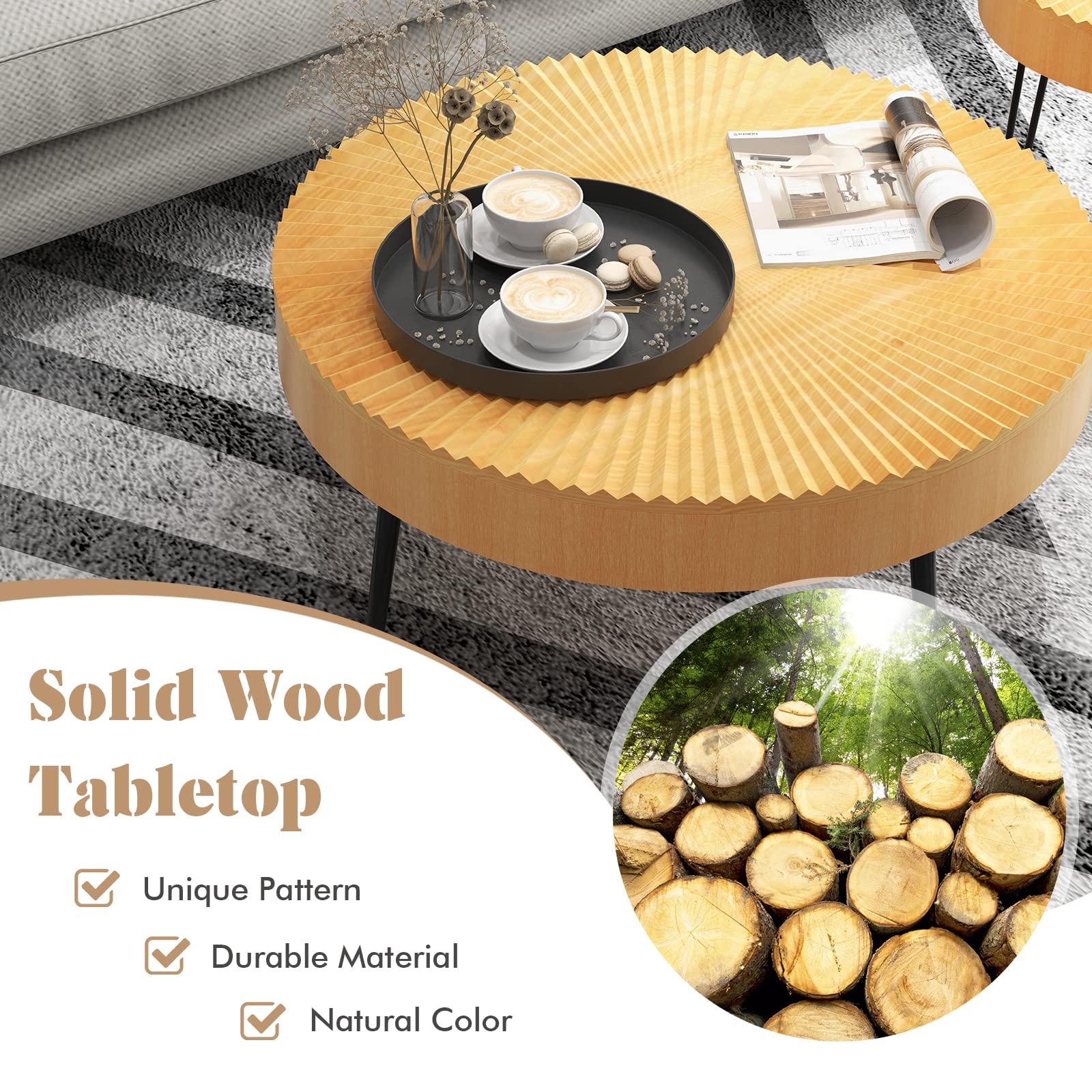 Giantex Boho Round Coffee Table Set of 2 - Solid Pine Wood Top & Metal Legs with Adjustable Foot Pads - 31.5