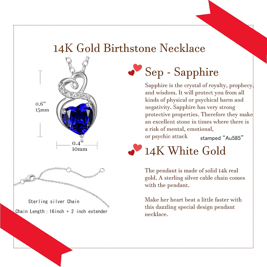 14K Solid White Gold Birthstone Necklace with Sterling Silver Chain - 1.5 CT Gemstone Heart Pendant - Dainty Fine Jewelry for Women (16