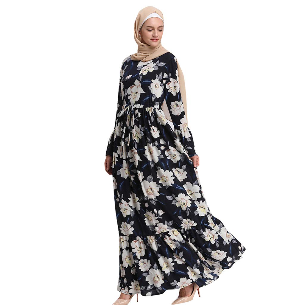 Long Sleeve Maxi Dresses for Women & Girls - Modest Muslim Abaya Robe with Floral Print - Islamic Fashion for Prayer, Eid, and Daily Wear