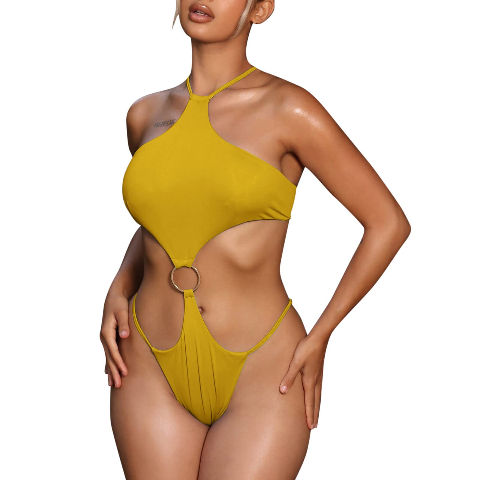 Women's Solid Brown One Piece Swimwear - Halter Neck Beach Bikini Set for Swimming, Sunbathing & Summer Vacations