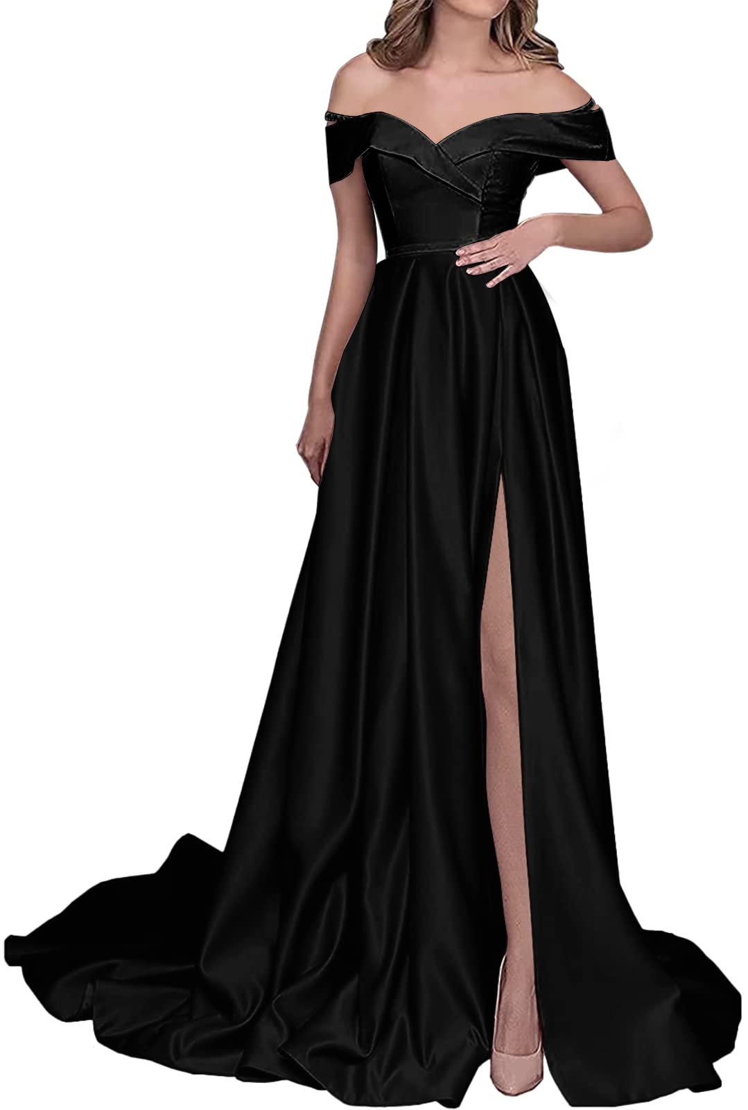 Elegant Off-the-Shoulder Satin Prom Dress with High Slit - Long Formal Evening Gown for Homecoming, Wedding, and Special Occasions