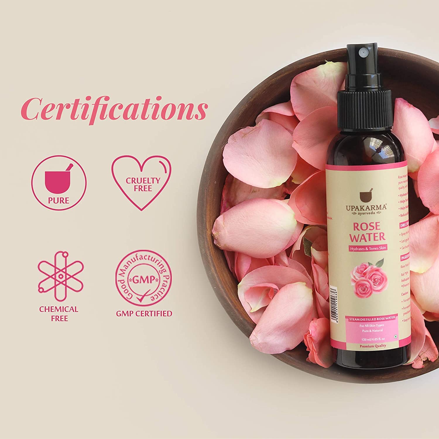 UPAKARMA Pure Steam Distilled Rose Water (Gulab Jal) - 120ml Bottle | Natural Face Toner & Skin Hydrator | Perfect for Aromatherapy, DIY Beauty & Holistic Skincare