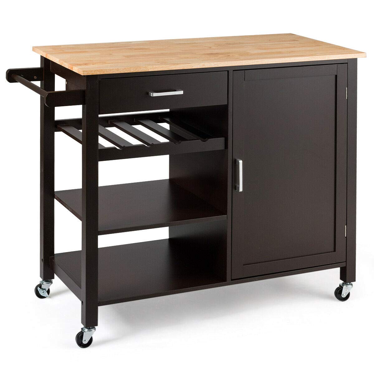 HPW Rolling Kitchen Island Cart with Drawer, Shelves & Wine Rack - Rubber Wood Countertop for Silverware Storage | Organize Utensils, Towels & Kitchen Essentials | Perfect for Small Spaces, Entertaining & Meal Prep