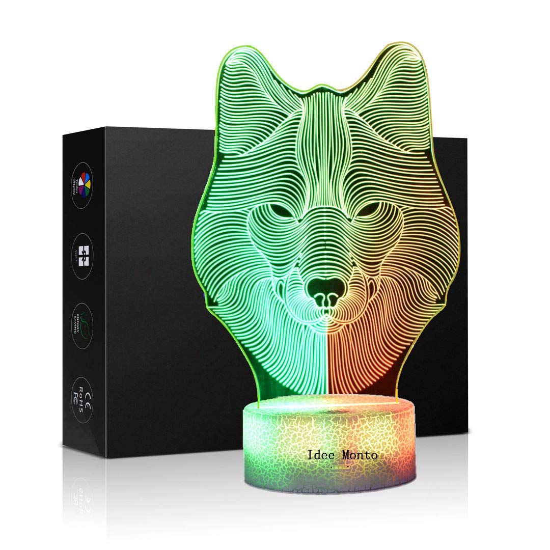 3D Wolf Night Light for Kids - 7 LED Color Changing Night Lamp with Wolves Shape, Cool Desk & Bedroom Decor for Boys - Perfect Birthday & Christmas Gift (Wolf Head) - Ideal for Nursery, Kids Room & Sleep Aid