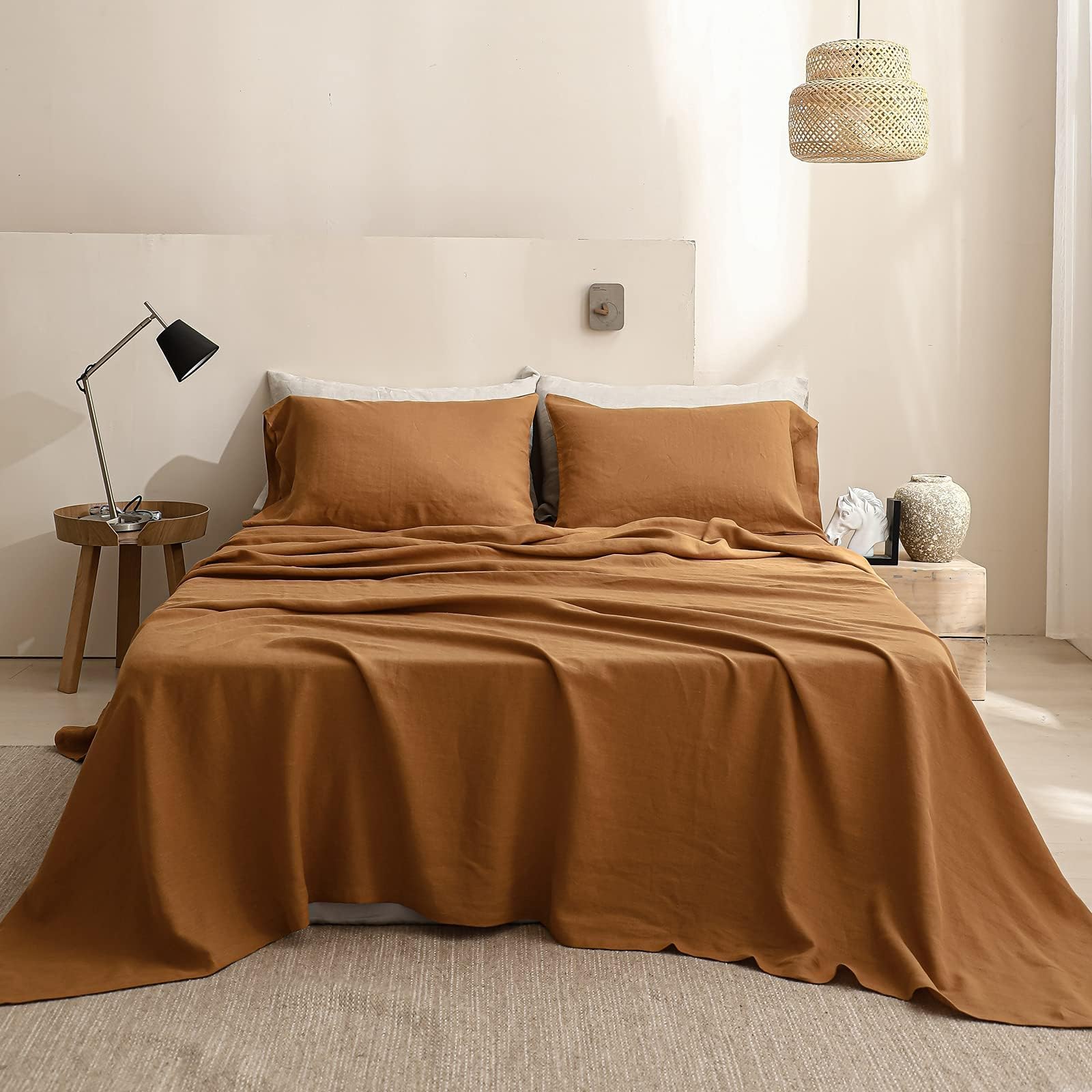 Premium 100% French Linen Sheet Set - Twin Size 3-Piece (Rust Color) | Natural Breathable & Durable All-Season Bedding | Soft Luxury Linen Sheets for Bedroom, Guest Room & Vacation Homes