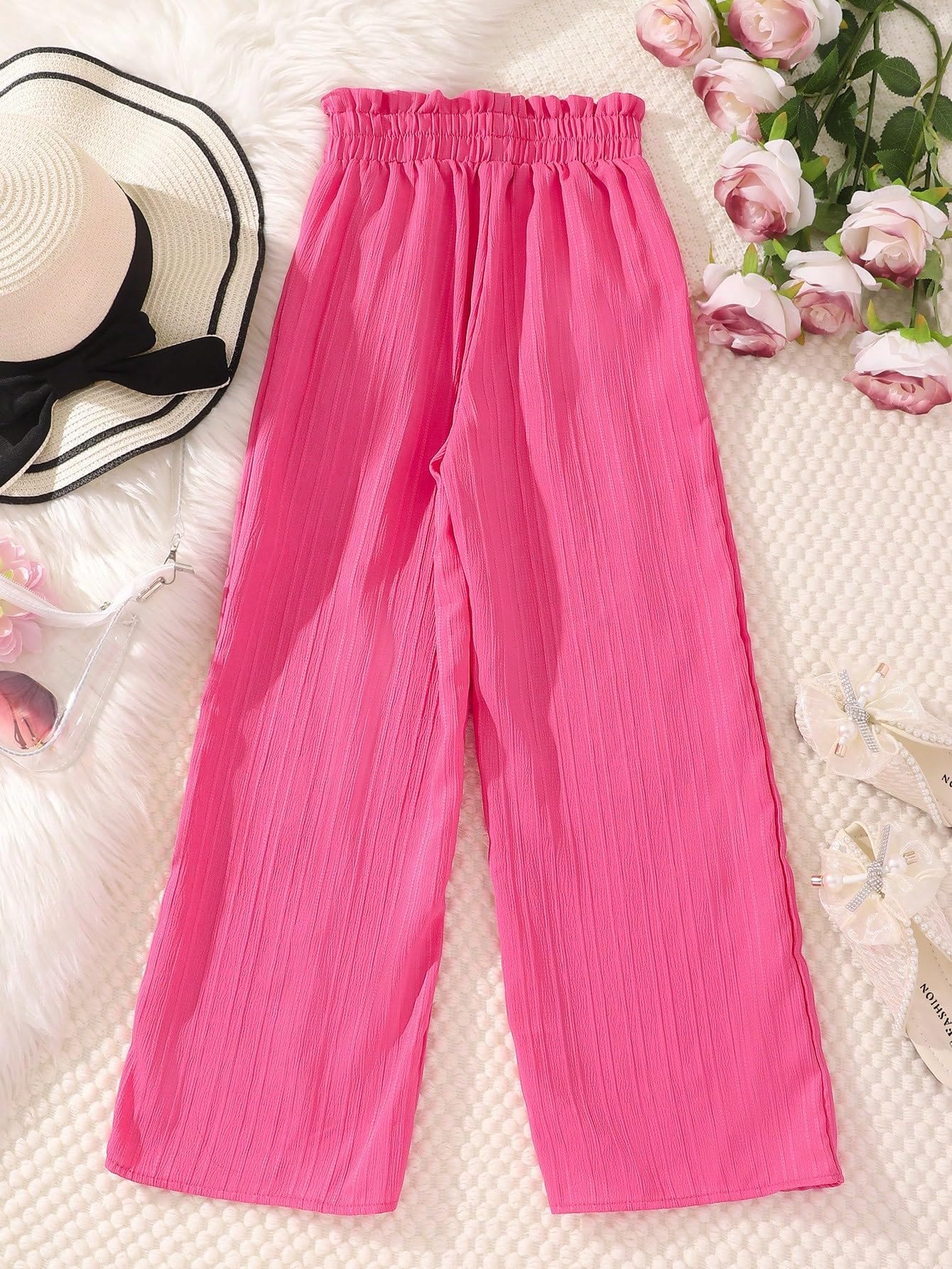 Floerns Girls Paperbag Waist Plisse Wide Leg Elastic Waist Loose Fit Long Pants - Comfortable Stretchy Trousers for School, Play & Casual Outfits