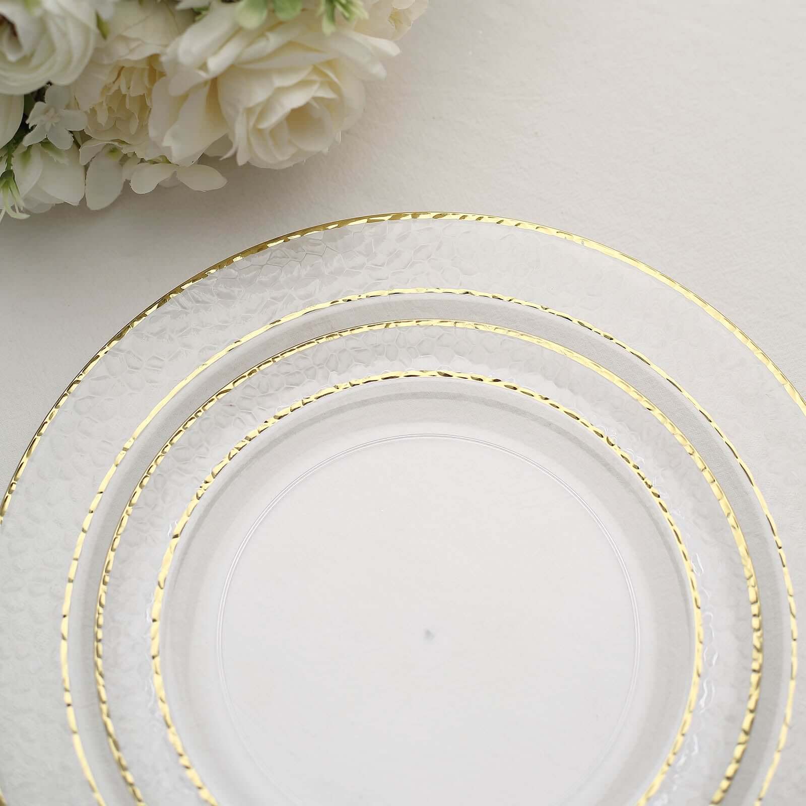 10 Pack Clear Hammered Plastic Dinner Plates with Gold Rim - Elegant Disposable Party Plates for Weddings, Banquets & Special Events - Perfect for Chic Celebrations & Upscale Gatherings
