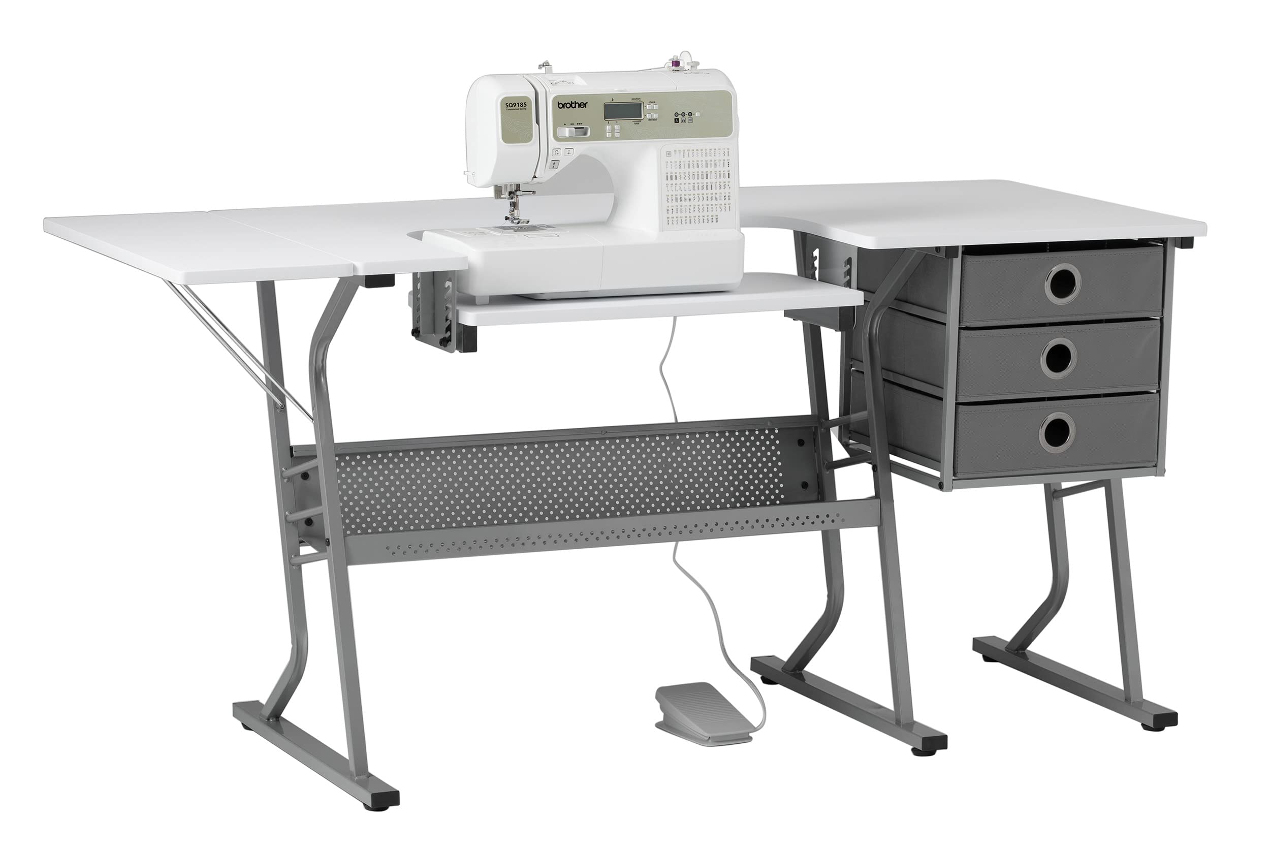 Eclipse Sewing Machine Table with Storage Drawers - White Craft Table with Gray Drawers & Large Lower Shelf - Multi-Purpose Hobby Desk for Sewing, Quilting & Computer Work - Perfect for Home Studios & Craft Rooms