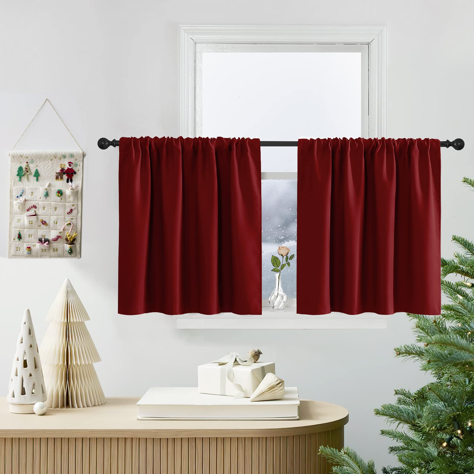 PONY DANCE Short Curtains for Small Windows - 42x30 Inch Rod Pocket Country Style Kitchen & Bedroom Curtains (Set of 2, Red) - Perfect for Farmhouse Decor, Apartment Windows, and Cozy Home Atmosphere