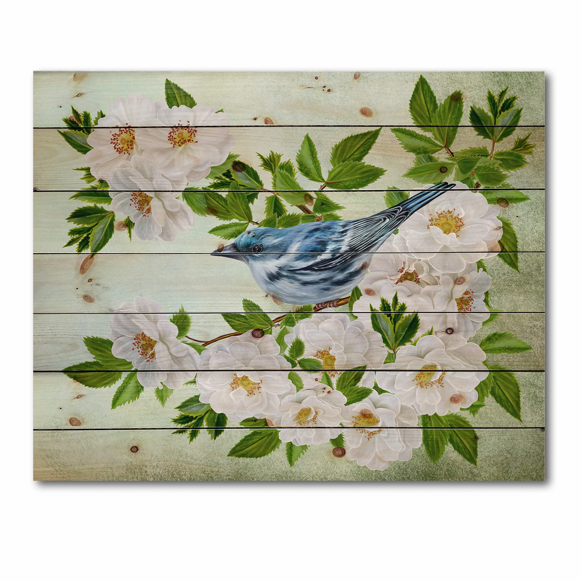 Little Blue Bird on White Rose Wood Wall Decor - Pine Wood Art for Living Room