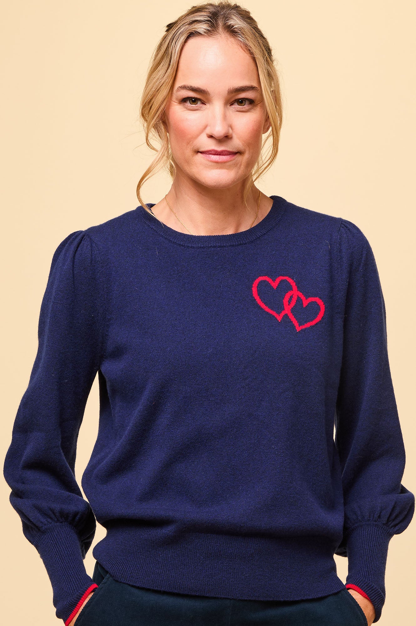 Merino Wool Hearts Crew Neck Sweater for Women - Navy & Red Striped Knit Pullover | Cozy Winter Fashion, Casual Outfit, Gift Idea