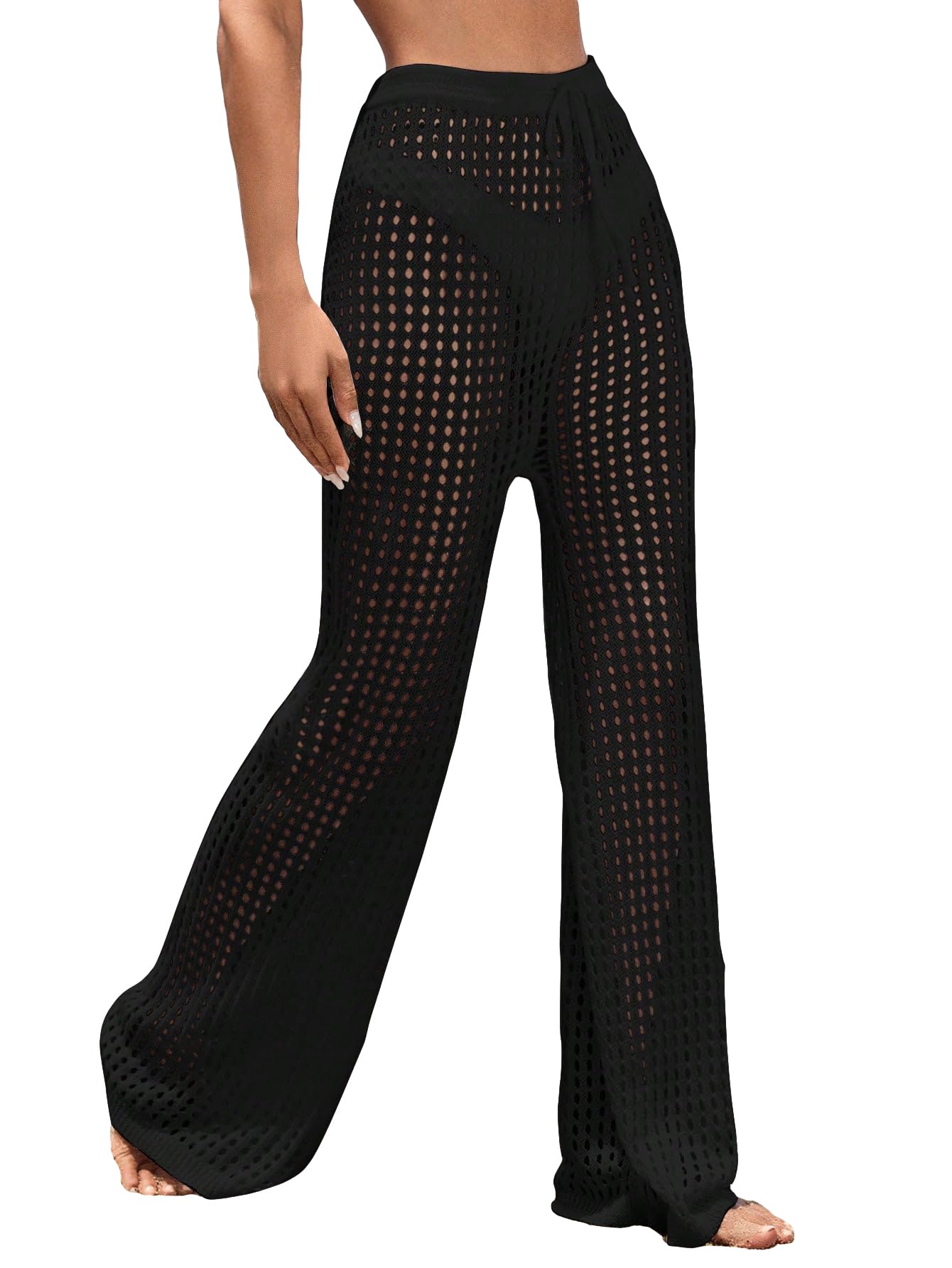 Women's Beach Cover Up Pants - Hollow Out Design, Drawstring High Elastic Waist, Swimsuit Cover Up - Perfect for Poolside, Vacation, and Summer Outfits