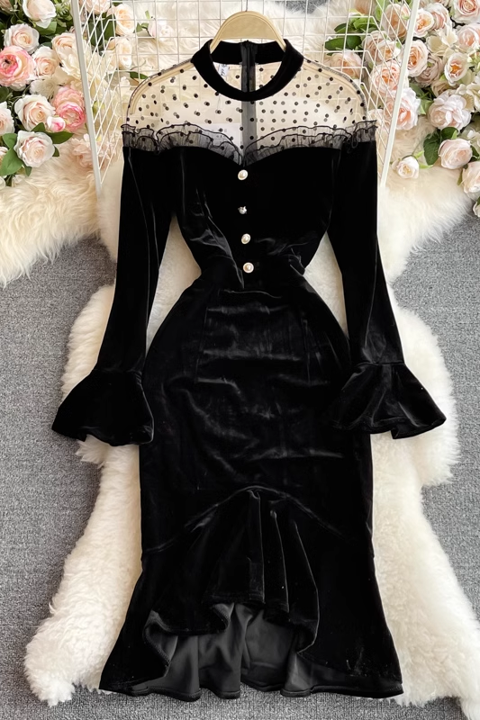 Elegant French Style Mesh Velvet Mermaid Prom Dress with Long Sleeves - Perfect for Formal Dances, Evening Galas & Special Occasions - Style 1764