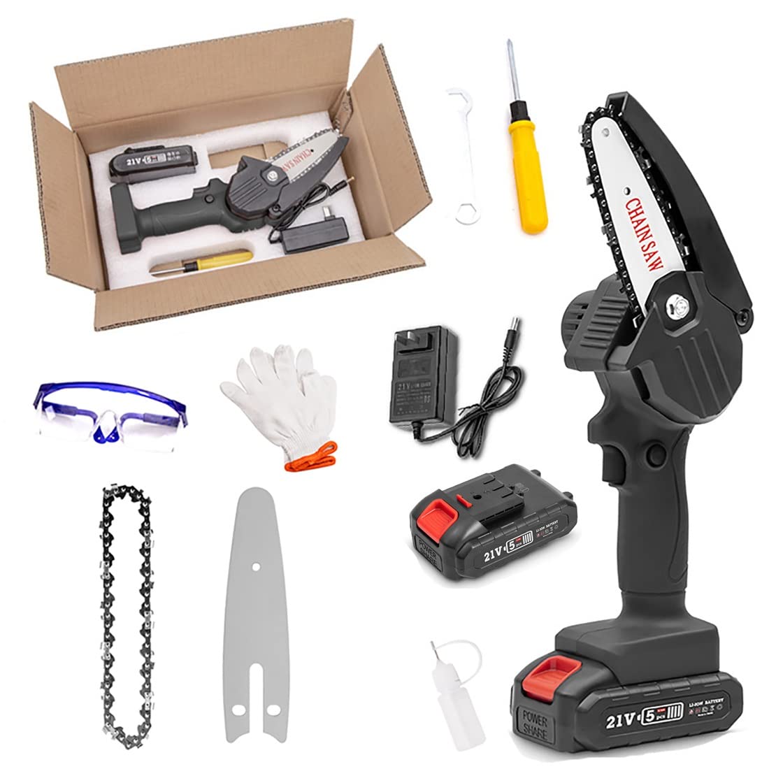 Mini Chain Saw - 4 Inch Cordless Electric Chainsaw with Battery & LED Lights, Portable Power Tool for Gardening, Wood Cutting & Outdoor Camping | Includes Charger