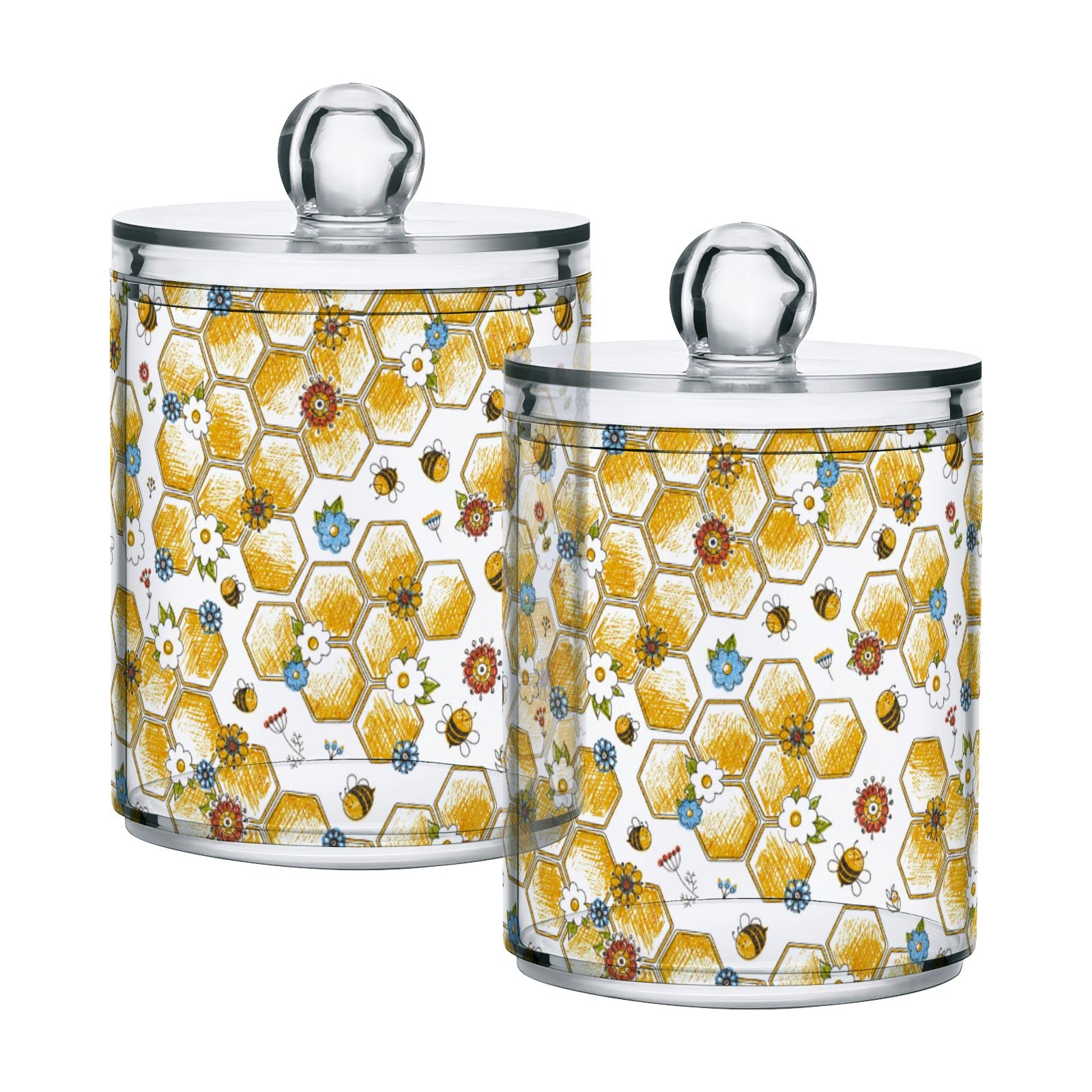 4 Pack Honeycomb Shaped Q-Tip Holders - Cute Bathroom Organizer for Cotton Swabs, Pads & Dental Floss - Bees Themed Vanity Storage Jars with Lid - Perfect for Countertop, Medicine Cabinet & Makeup Station Organization