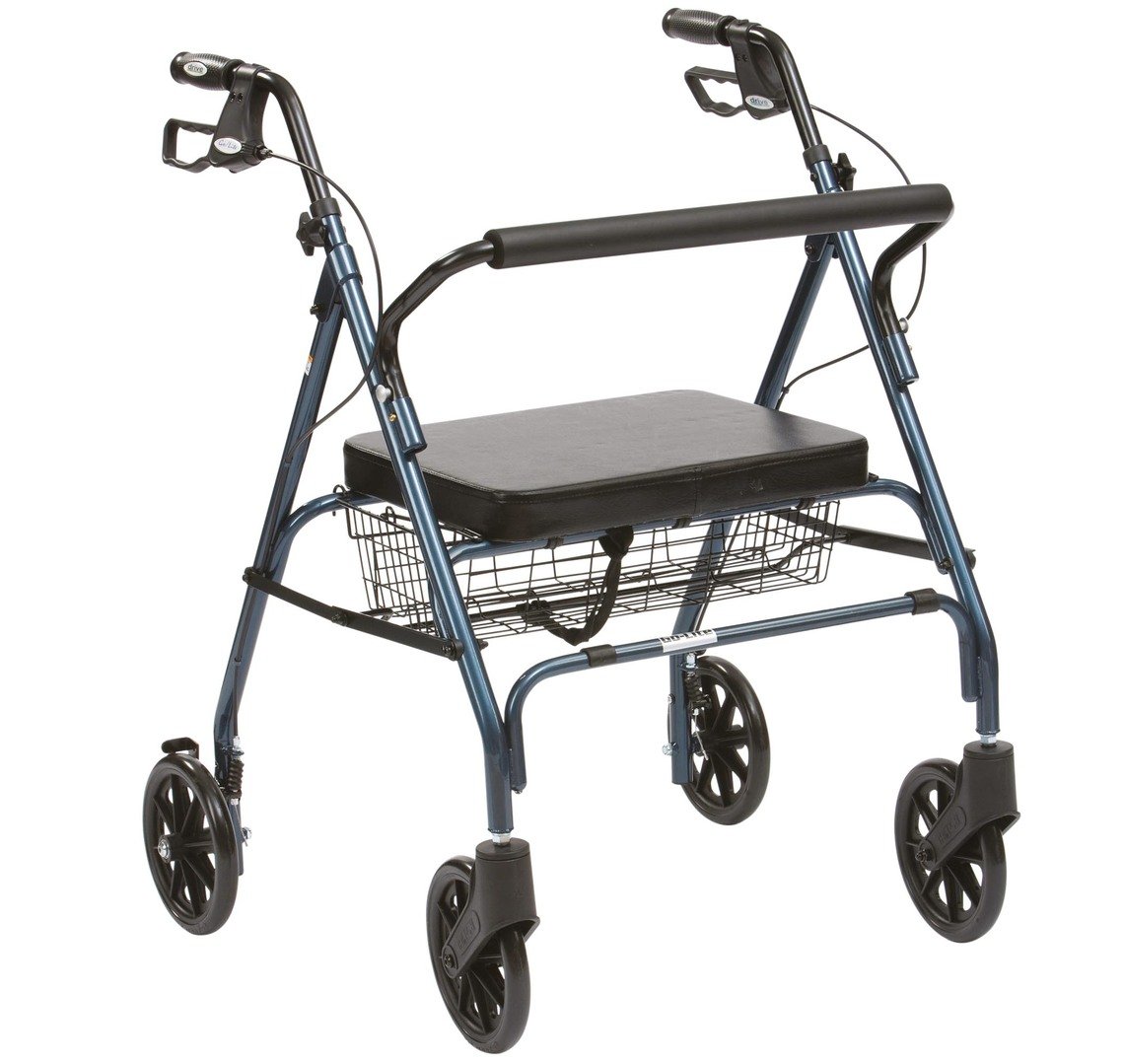Drive DeVilbiss Heavy Duty Rollator Walker with Basket, Padded Seat & Back Support - Blue Mobility Aid for Seniors & Adults - Ideal for Indoor/Outdoor Use, Shopping & Recovery