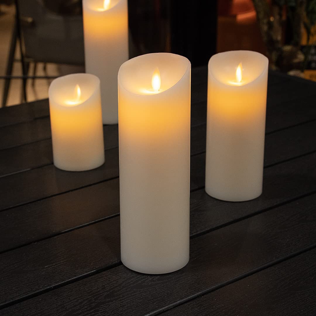 Restaurantware 3 x 8.7 Inch Flameless LED Pillar Candles - 10 Pack Programmable Dancing Flame, Real Wax Battery Operated Candles for Weddings, Parties & Home Decor (White, Remote Sold Separately) - Perfect for Centerpieces, Romantic Dinners & Holiday Decorations