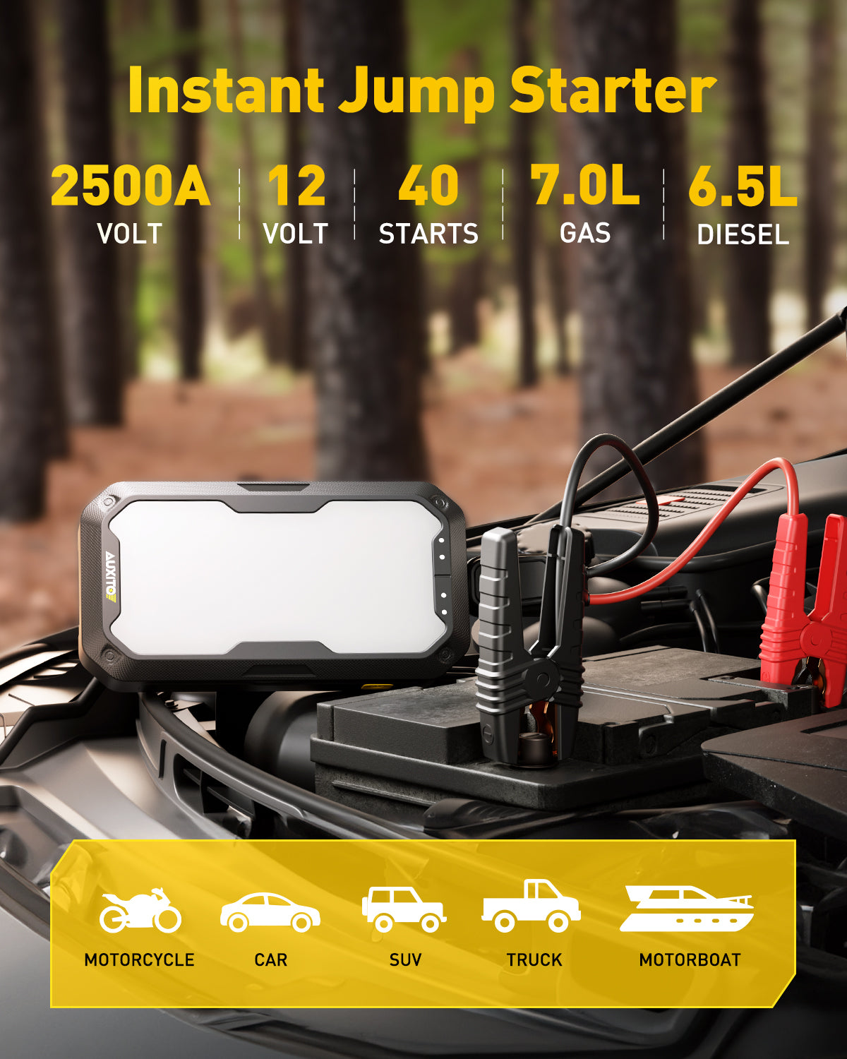 AUXITO 2000A Portable Car Jump Starter with LED Light - Emergency Battery Booster for Dead Car Battery, USB Charger & LED Engine Bay Lighting - Ideal for Roadside Emergencies, Camping & Outdoor Adventures