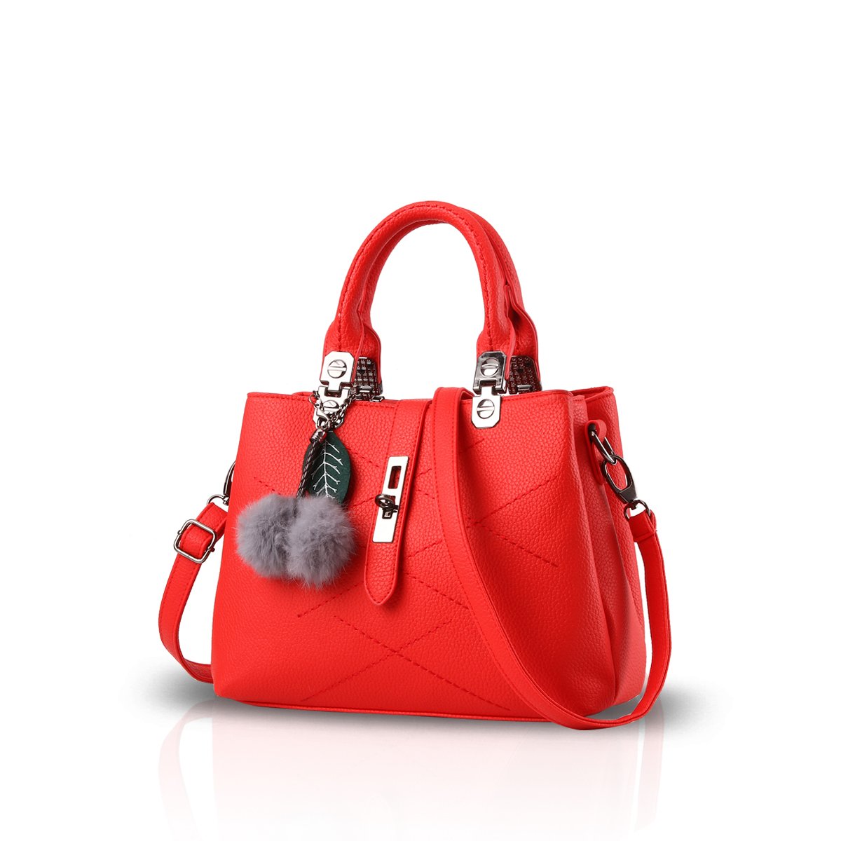 NICOLE & DORIS Women's Waterproof PU Leather Handbag - Stylish Messenger Tote Shoulder Bag with Pompom Pendant for Work, Travel & Daily Use (Scarlet)