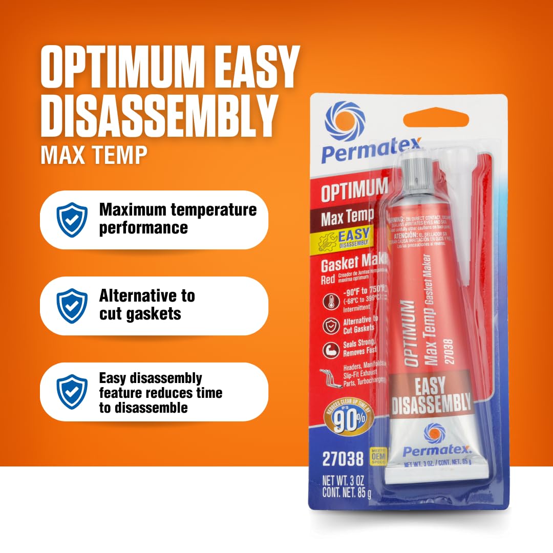 Permatex 27038 Optimum Red High Temperature Gasket Maker, 3 oz Tube - High Performance Silicone Sealant for Automotive Engines, Exhaust Systems & Industrial Equipment