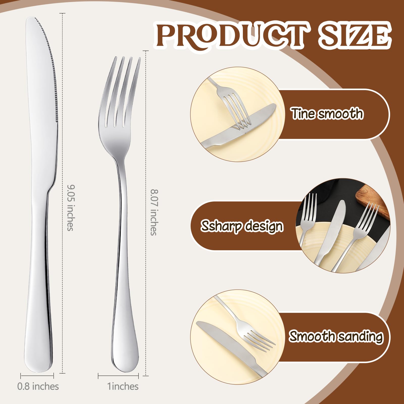 50-Piece Stainless Steel Flatware Set - Dinner Forks & Knives - Silverware Cutlery for Kitchen, Restaurant, Catering - Elegant Shiny Silver (8.07