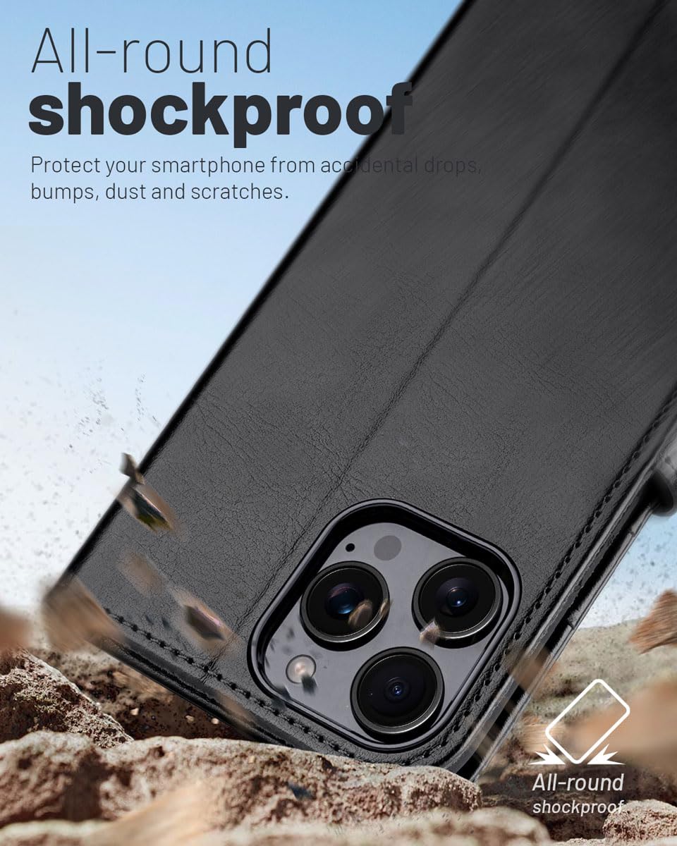 OCASE iPhone 16 Pro Wallet Case (6.3 Inch 2024) - Premium PU Leather Flip Folio Cover with Card Slots, RFID Blocking & Kickstand | Shockproof TPU Inner Shell | Perfect for Work, Travel & Everyday Use - Black