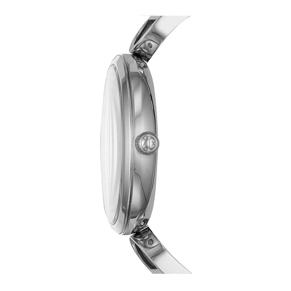 ARMANI EXCHANGE AX5323 Women's Watch - Silver Stainless Steel Case with Black Leather Strap, Analog Quartz Movement | Perfect for Office, Evening Events & Everyday Wear