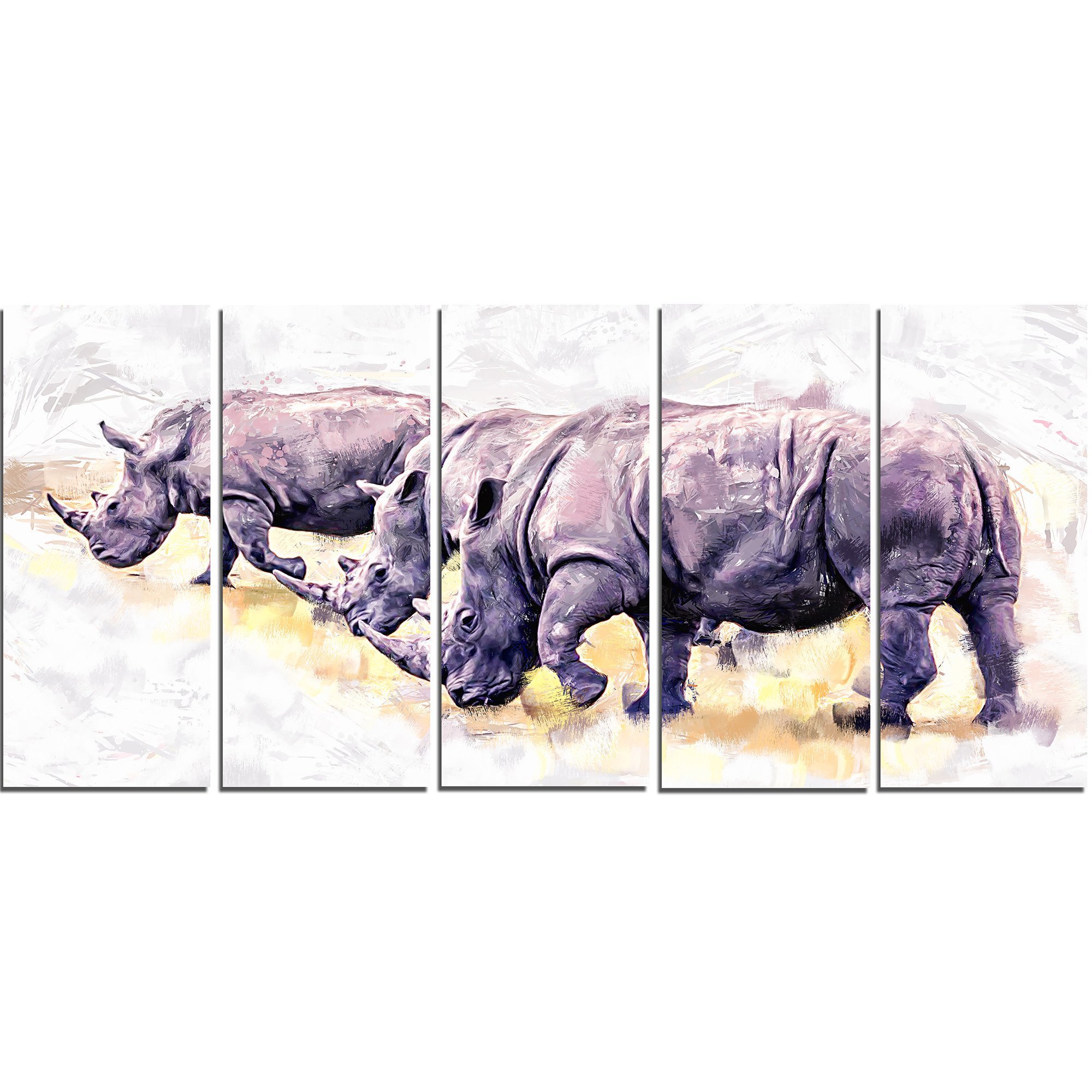 Designart Walking Rhinos Metal Wall Art - 5 Panel Animal Decor for Living Room - 60x28 Inches Modern Home Decor - Perfect for Bedroom, Office & Nursery