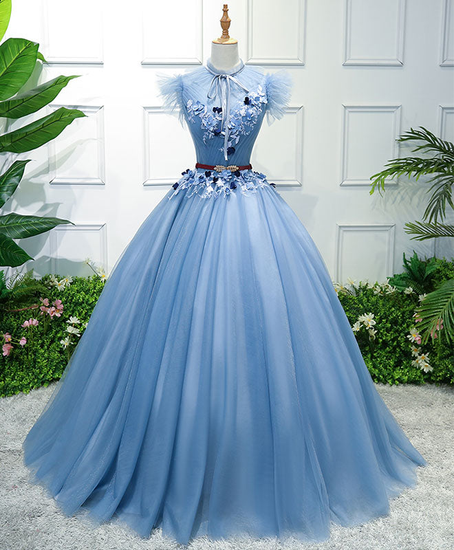 Elegant Blue High Neck Tulle Long Prom Dress | Formal Evening Gown for Women | Perfect for Homecoming, Wedding, and Special Occasions