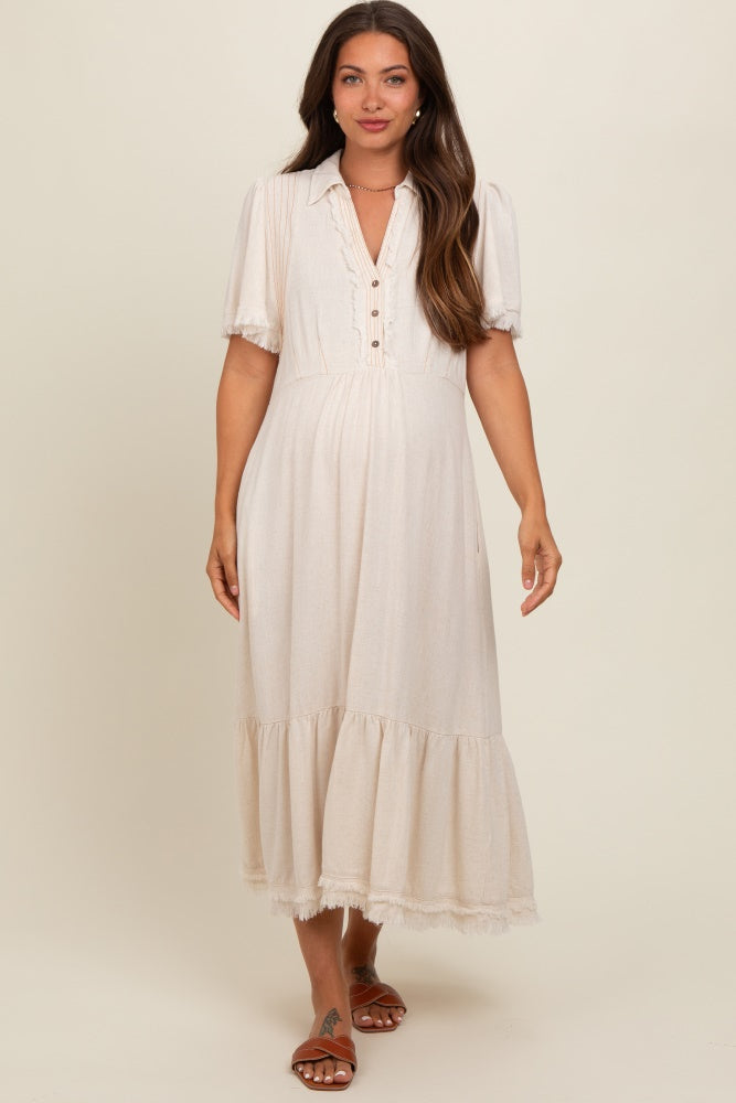 Beige Collared Pocket Maternity Midi Dress for Pregnancy - Comfortable & Stylish Outfit for Work, Baby Shower & Everyday Wear