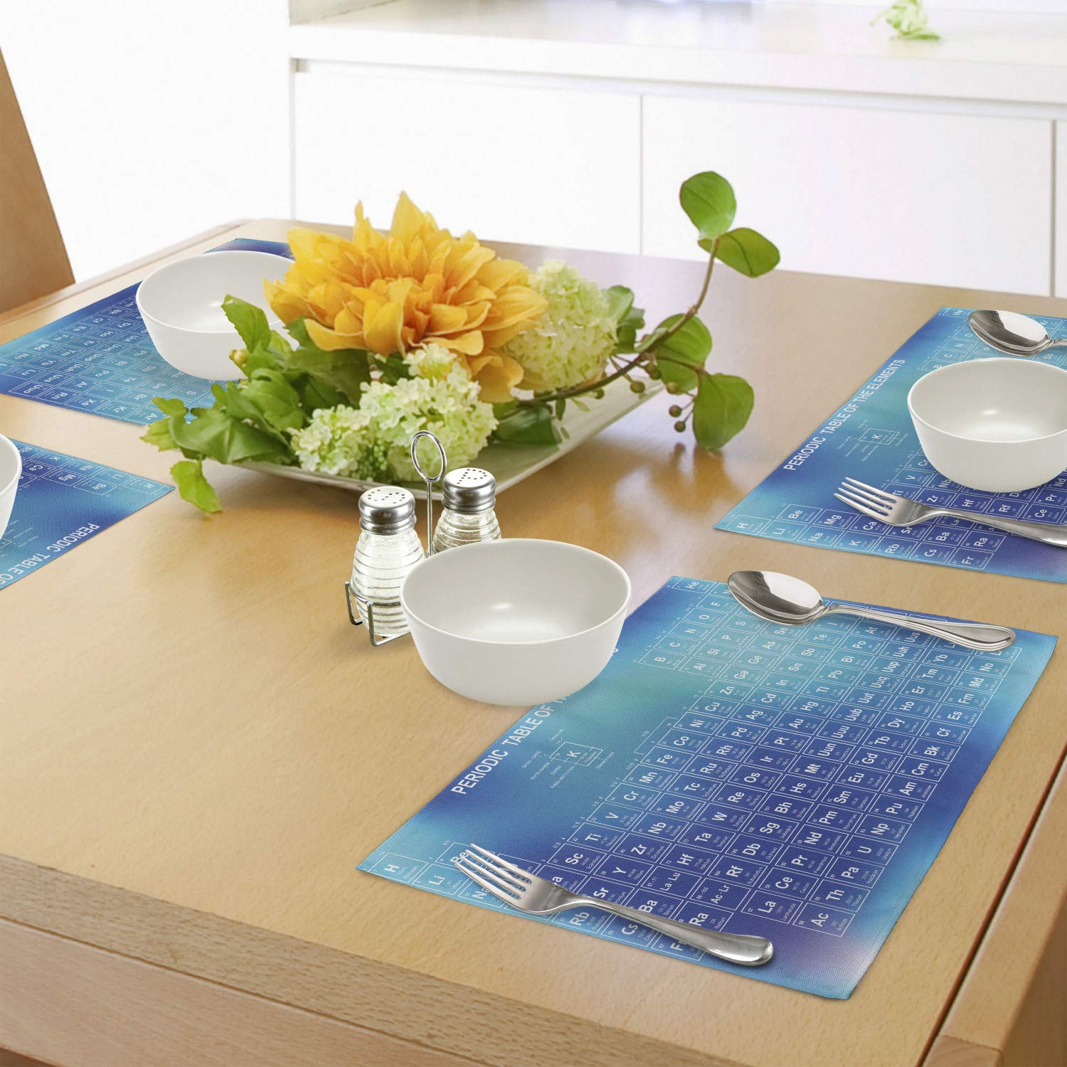 Ambesonne Science Placemats Set of 4 - Chemistry Element Table Design, Modern Washable Fabric Dining Table Mats - Standard Size in Pale Blue Aqua Sky | Perfect for Science Lovers, Classroom Decor & Themed Dinner Parties