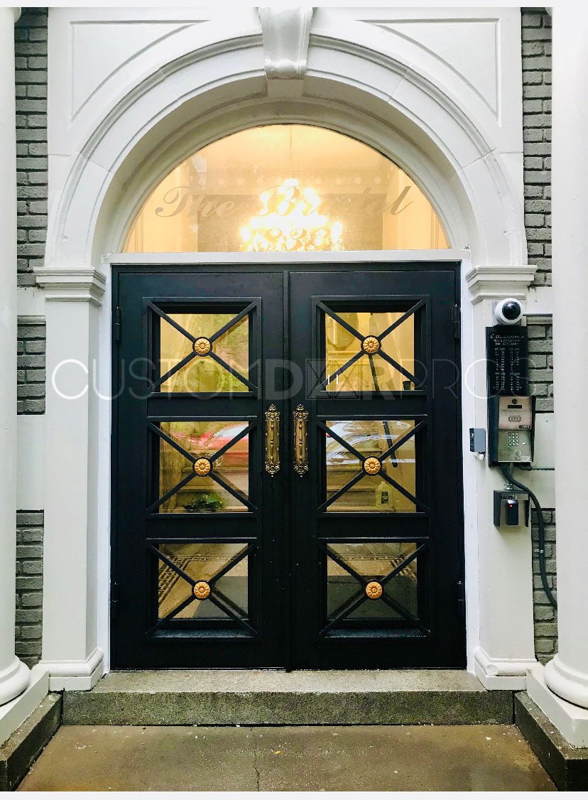 Regency Style Artemis Double Iron Doors with Tempered Glass & Insulated Flush Bolt System - Elegant Entryway for Luxury Homes & Commercial Buildings