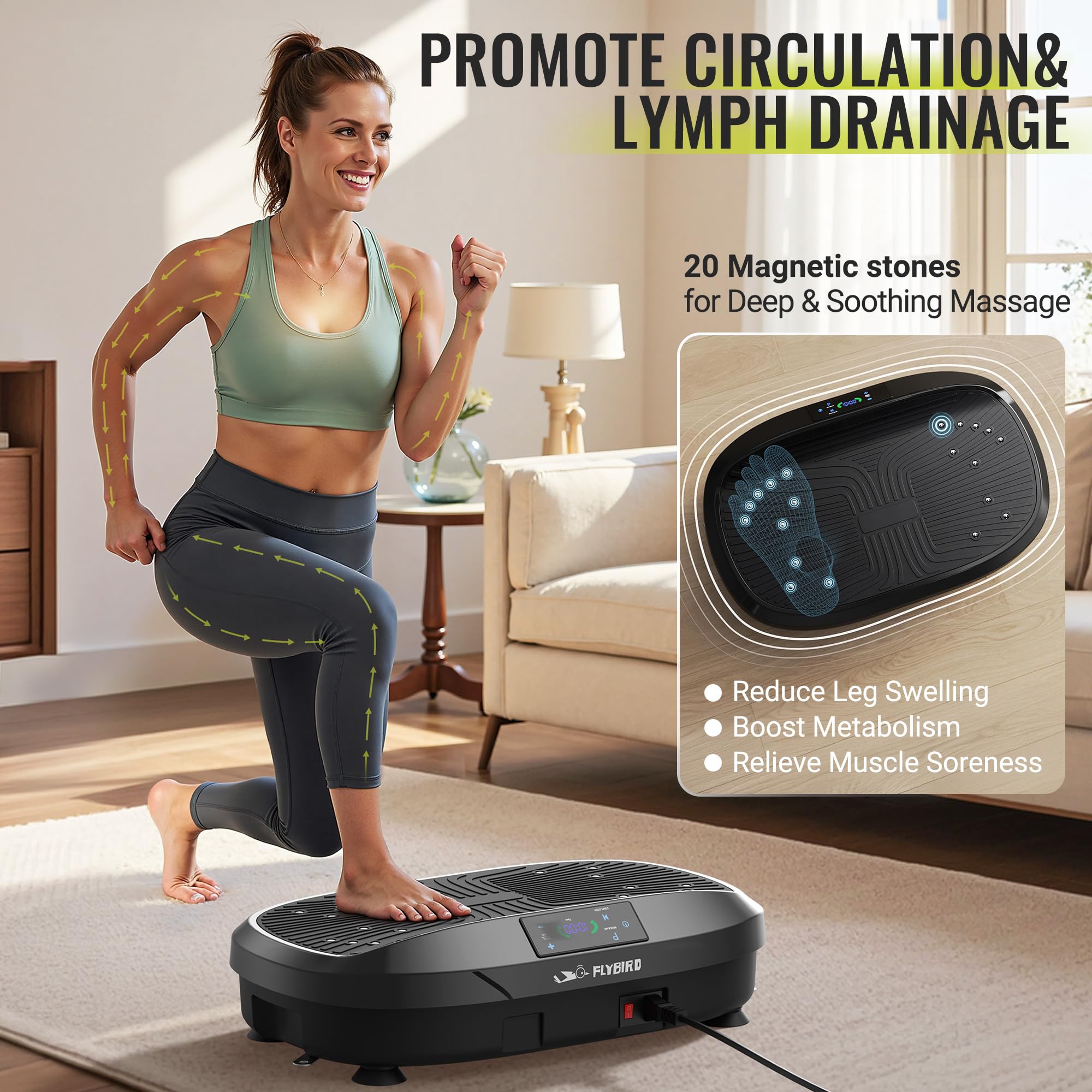 FLYBIRD Vibration Plate Exercise Machine for Weight Loss & Toning - Whole Body Workout Platform with 2 Resistance Bands, Lymphatic Drainage & Muscle Recovery - Perfect for Home Gym, Fitness & Wellness (Black)