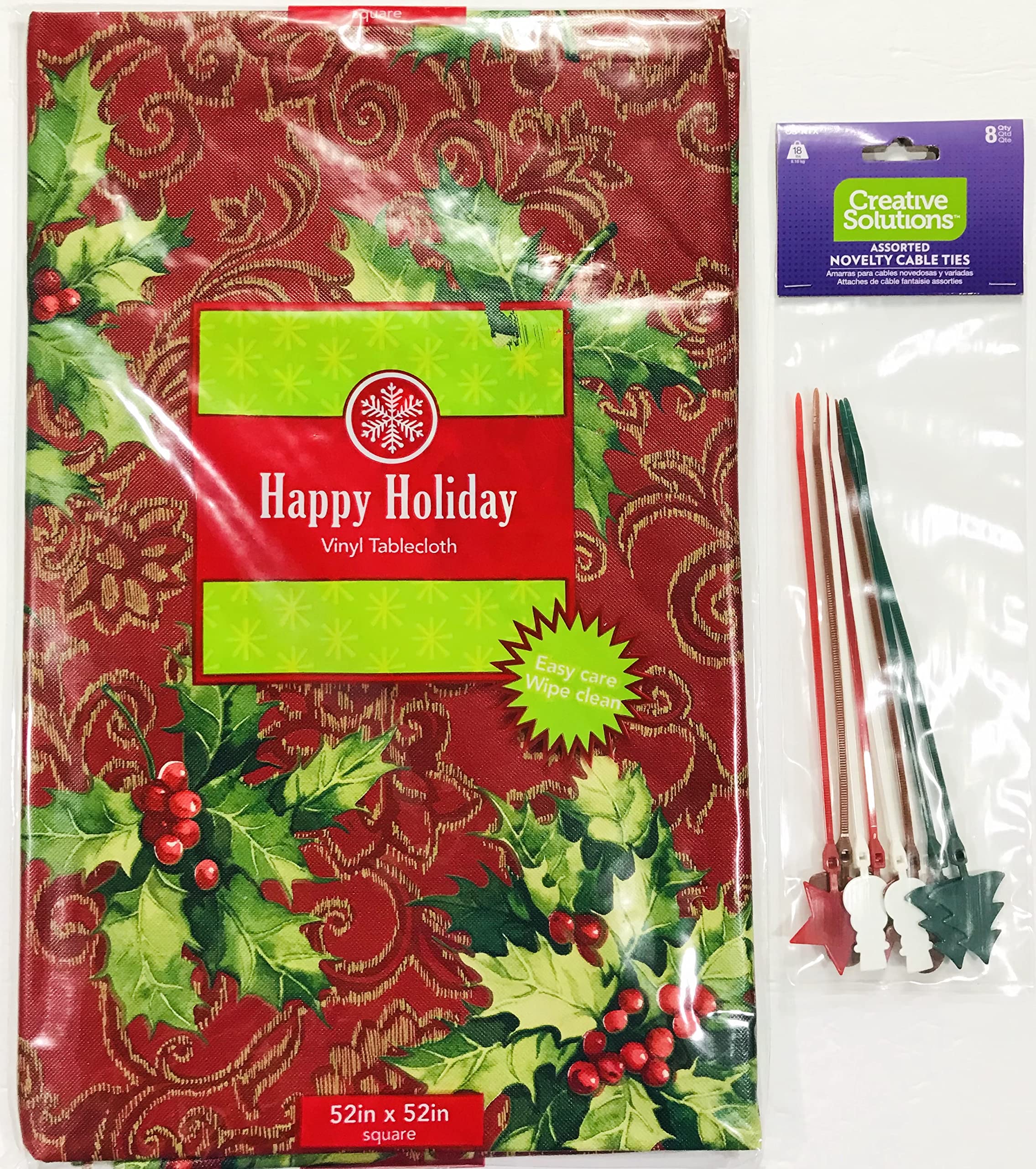 Serafina Home Holiday Christmas Vinyl Tablecloth - Traditional Holly Berries Design on Red Background (52