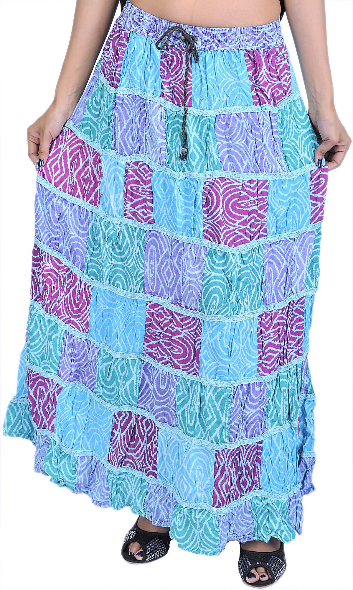 Bohemian Printed Maxi Skirt with Patchwork & Lace Trim - Handmade in Gujarat for Summer Festivals, Beach Vacations & Boho Chic Outfits