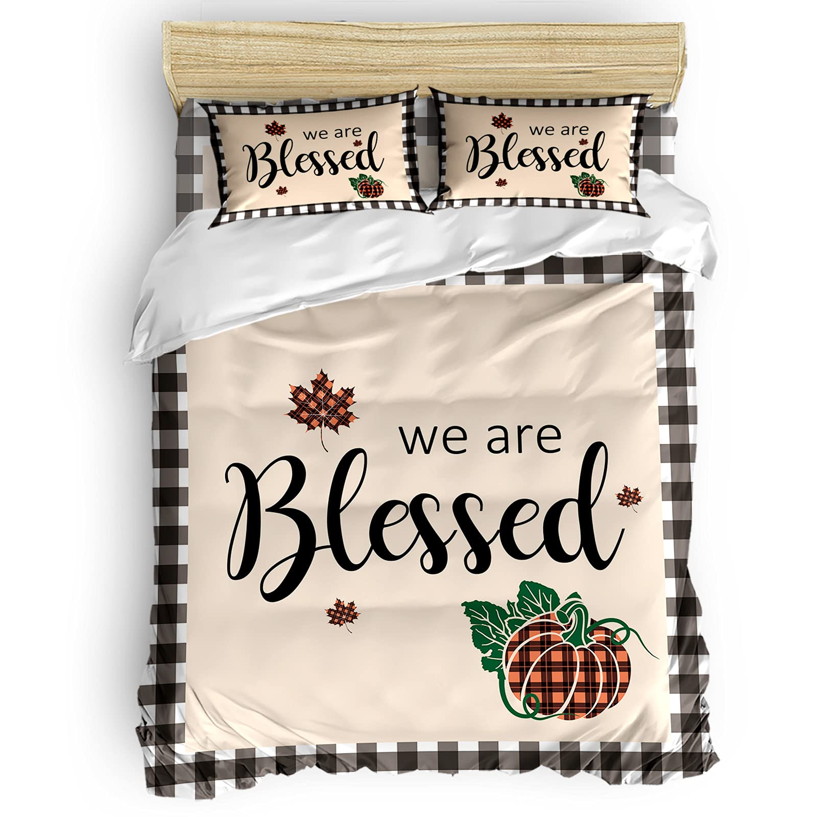 Thanksgiving Duvet Cover Set 4-Piece - Vintage Plaid Pumpkin Bedding with Zipper Closure (1 Duvet Cover, 1 Sheet, 2 Pillowcases) - Twin Size Cozy Flannel Bedding Set - Perfect for Fall Guest Rooms & Holiday Home Decor