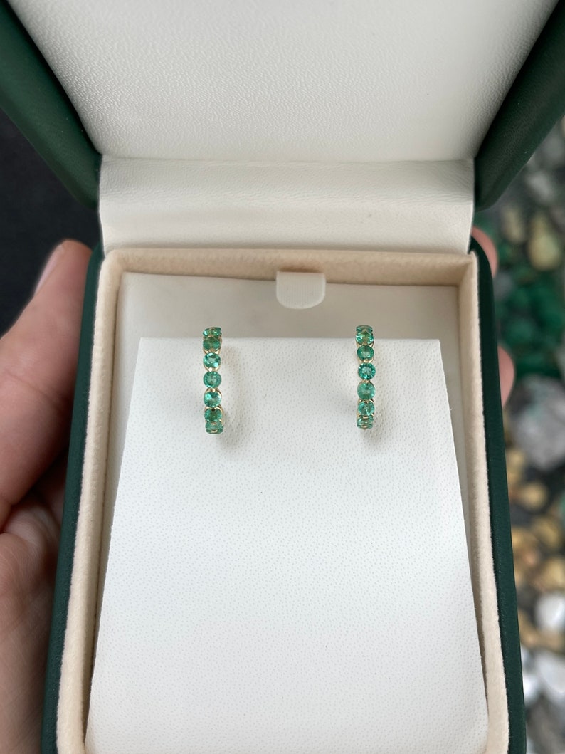 1.50tcw 14K Gold Medium Green Round Cut Emerald Prong Set Half Hoop Huggie Earrings for Women - Elegant Everyday Jewelry Gift for Her, Perfect for Parties, Weddings & Special Occasions