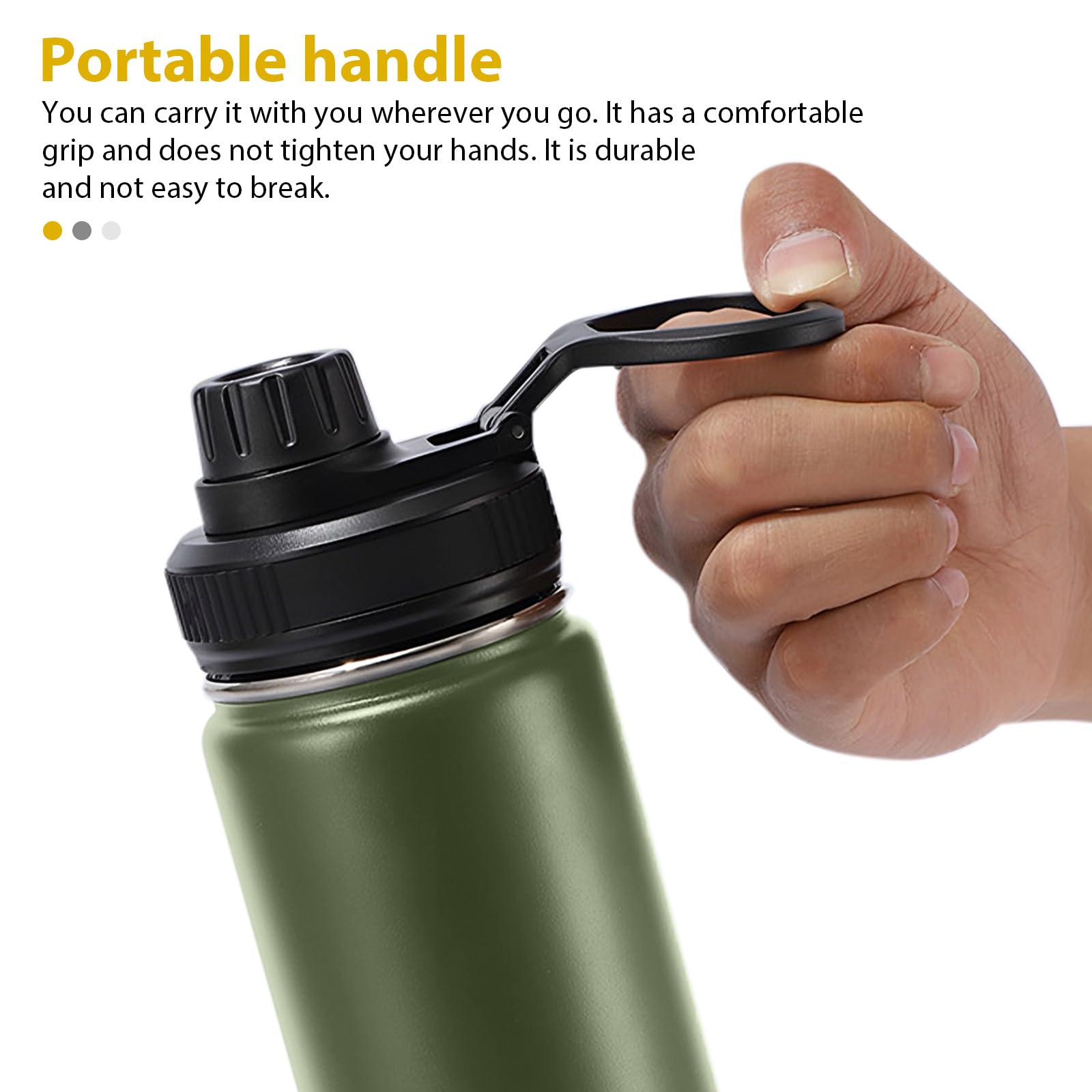 24oz Stainless Steel Insulated Water Bottle with Handle - Double Wall Vacuum, Leak Proof, Keeps Drinks Hot & Cold - Wide Mouth Outdoor Sports Bottle (Army Green) - Perfect for Hiking, Gym, Camping & Everyday Use