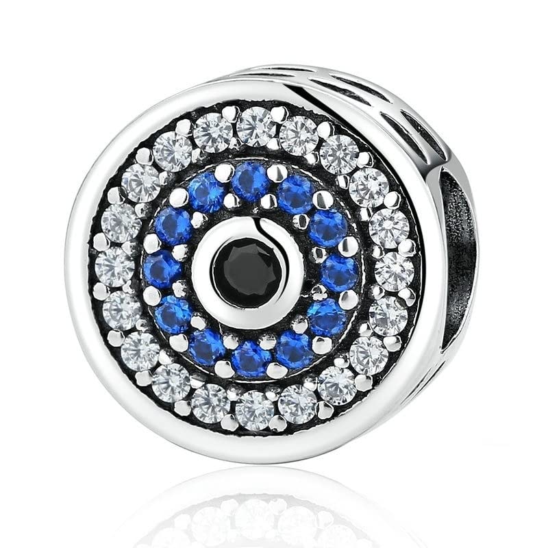 JSFJOFO 925 Sterling Silver Blue Crystal Eye Beads - Round Charm Beads for Women's Bracelets & Jewelry Making - Perfect for DIY Crafting, Gift Giving and Boho Style Accessories